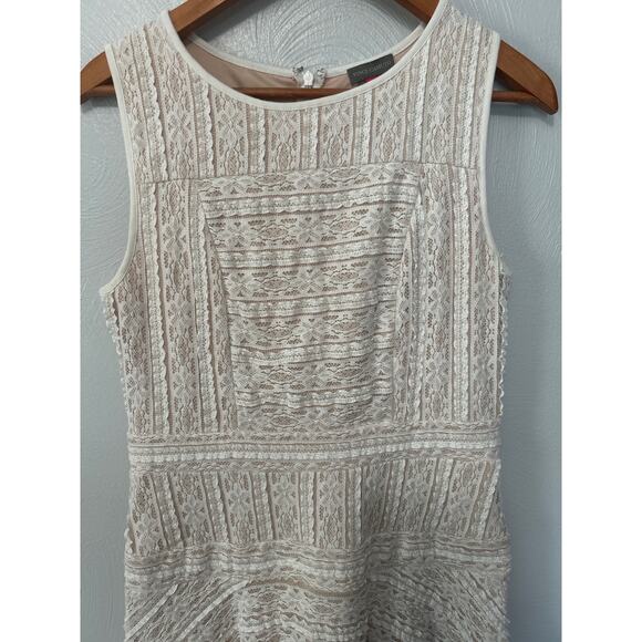 Vince Camuto Dress Cream & Tan Underlay Lace Drop Waist Midi Sleeveless Size S - Picture 2 of 10